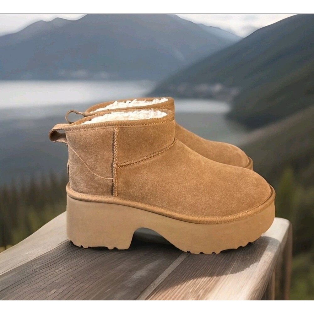 New UGG Classic Ultra Mini New Heights Platform Boots Chestnut Women's 10 NIB